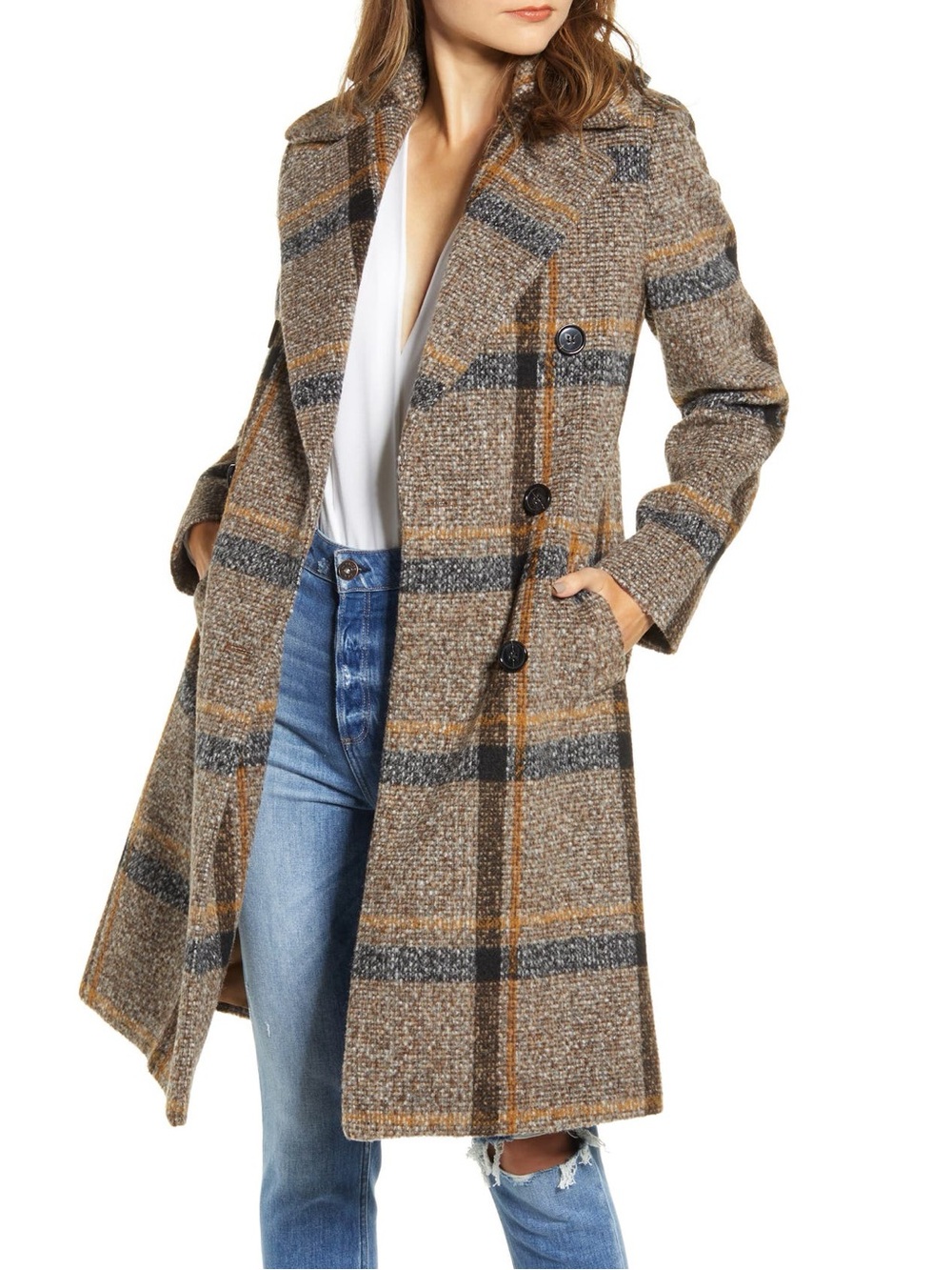 KENDALL + KYLIE Brown Plaid Double Breasted Tweed Coat Size S NWOT